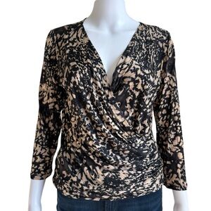 MAX MARA • Tan Black Printed Jersey Stretch V-Neck Faux Wrap Blouse Large